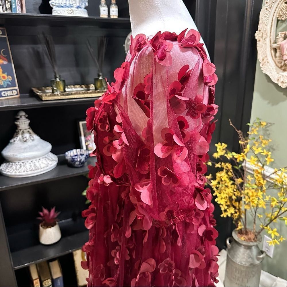 TCEC Burgundy Mini Dress with 3D Petal Appliqués - Picture 5 of 14